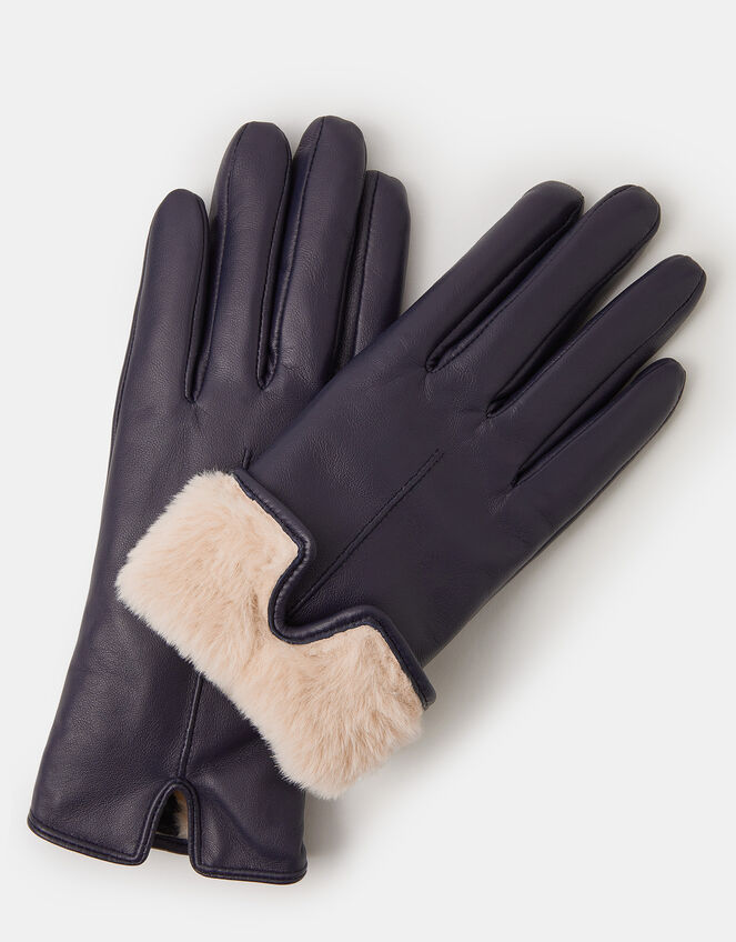 Faux Fur Lined Leather Gloves, Blue (NAVY), large