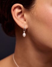 Sterling Silver-Plated Pearl Drop Hoop Earrings, , large