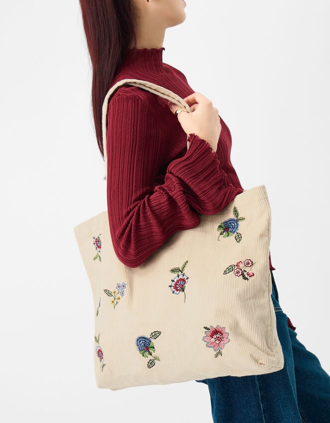 Floral Embroidered Corduroy Shopper Bag, Cream (CREAM), large