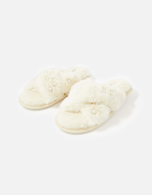 Faux Fur Pearl Sliders, Cream (CREAM), large