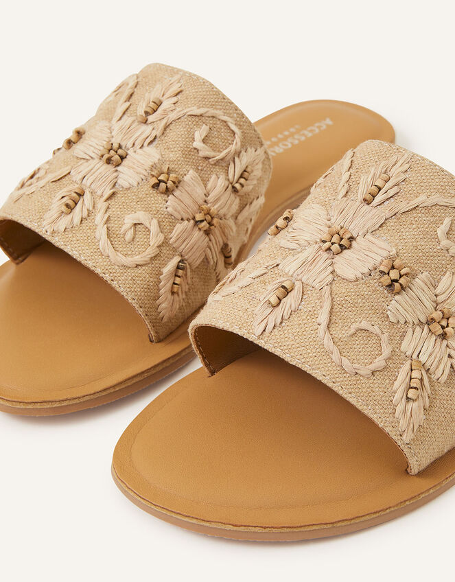 Tonal Flower Detail Leather Sliders, Natural (NATURAL), large