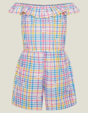 Girls Floral Embroidered Check Bardot Playsuit, Multi (BRIGHTS MULTI), large