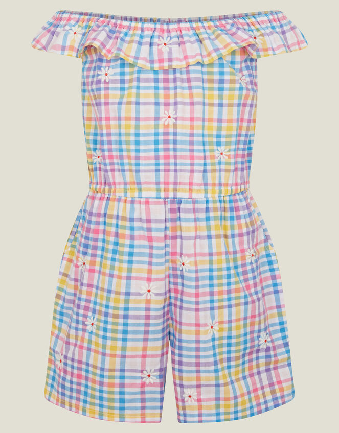 Girls Floral Embroidered Check Bardot Playsuit, Multi (BRIGHTS MULTI), large