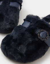 Sparkle Buckle Faux Fur Slippers, Blue (NAVY), large