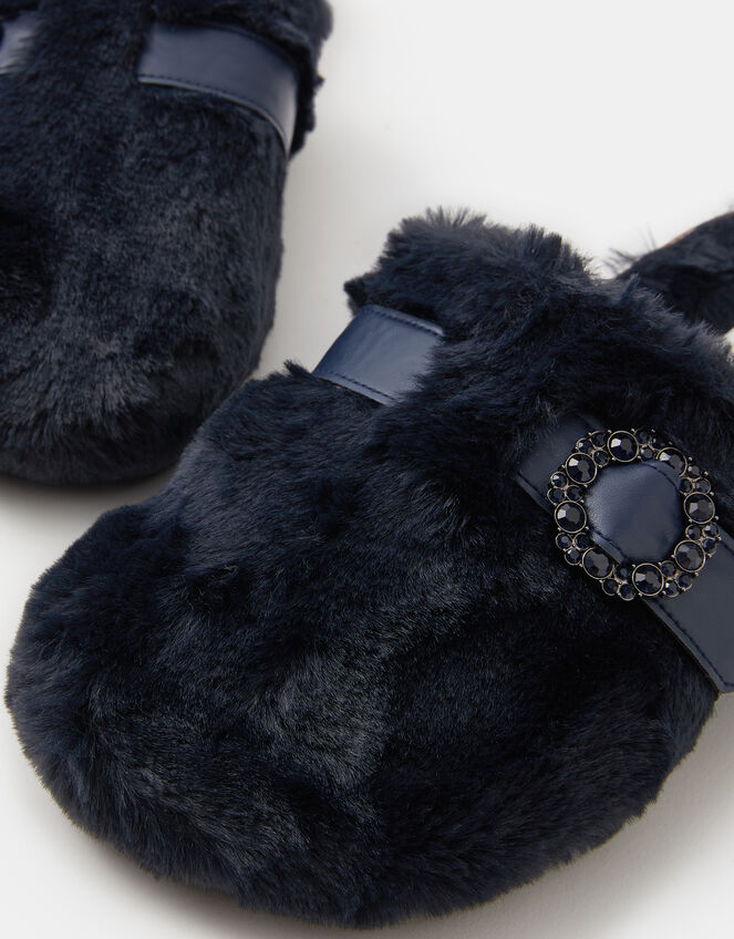 Sparkle Buckle Faux Fur Slippers, Blue (NAVY), large