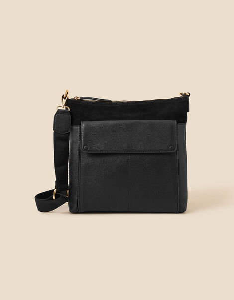 Large Fold Over Flap Leather Messenger Bag Black, Black (BLACK), large