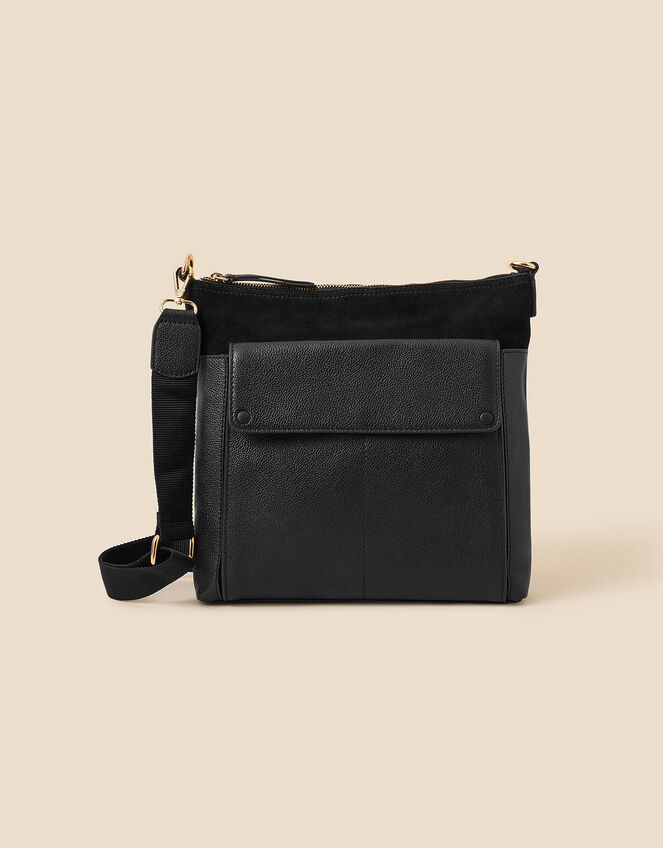 Large Fold Over Flap Leather Messenger Bag, Black (BLACK), large