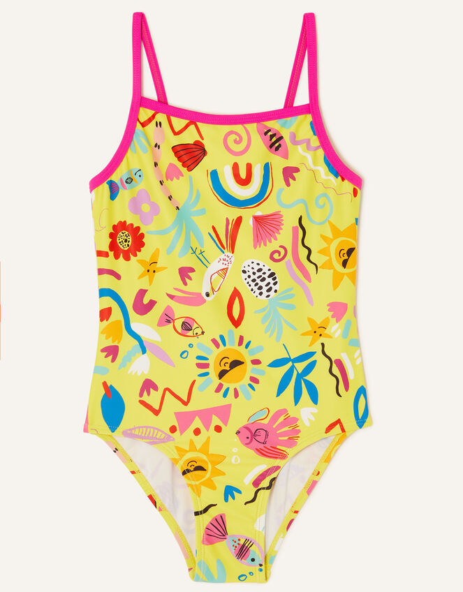 Girls Sunshine Print Swimsuit with Recycled Polyester, Yellow (YELLOW), large