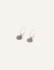 Sterling Silver Flower Charm Hoop Earrings , , large