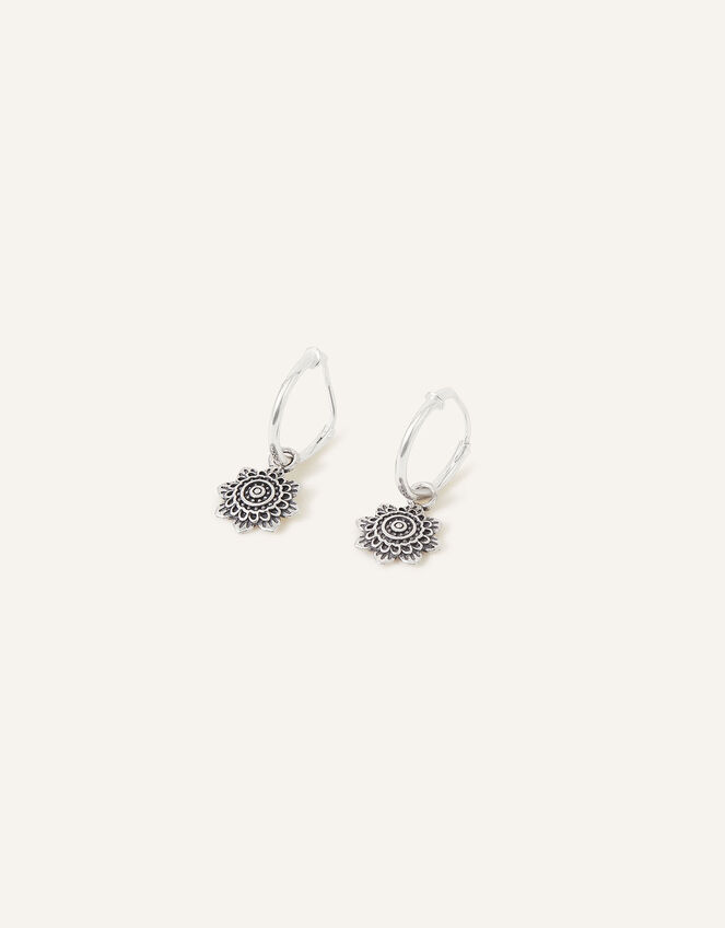 Sterling Silver Flower Charm Hoop Earrings , , large