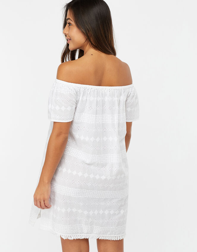 Schiffli Bardot Dress, White (WHITE), large