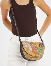 Embroidered Raffia Crossbody Bag, , large