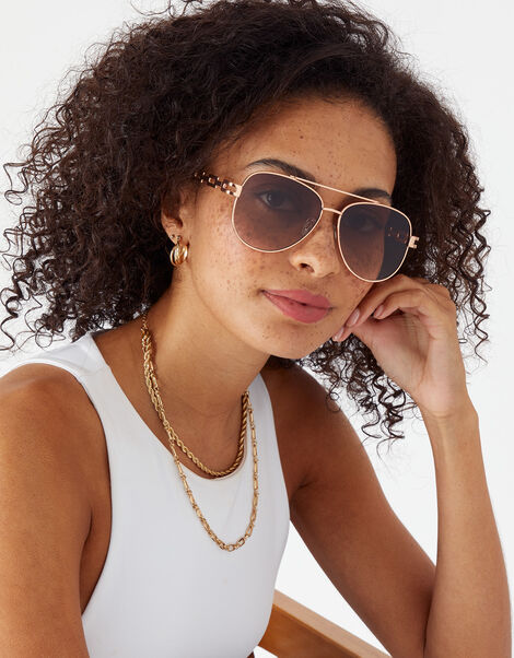 Chain Detail Aviator Sunglasses, , large
