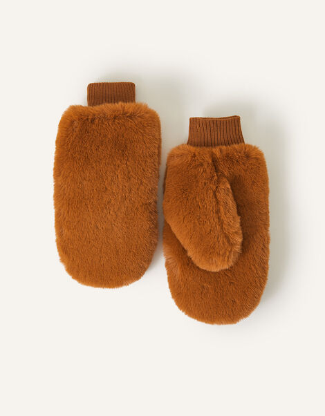 Faux Fur Mittens, Brown (BROWN), large