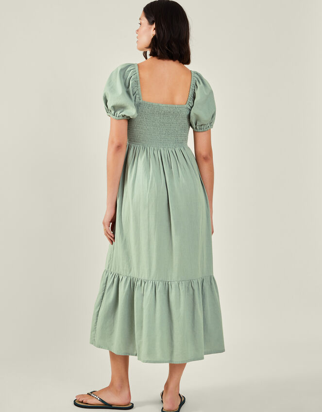 Olive Green DROP SHOULDER SMOCKED WAIST FRONT ZIP PRINTED MIDI DRESS