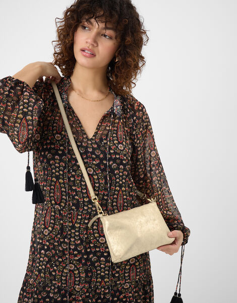 Glitter Leather Crossbody Bag, Gold (GOLD), large