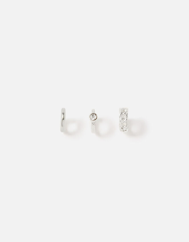 Plain Chain Crystal Hoops Set of Three, Silver (SILVER), large