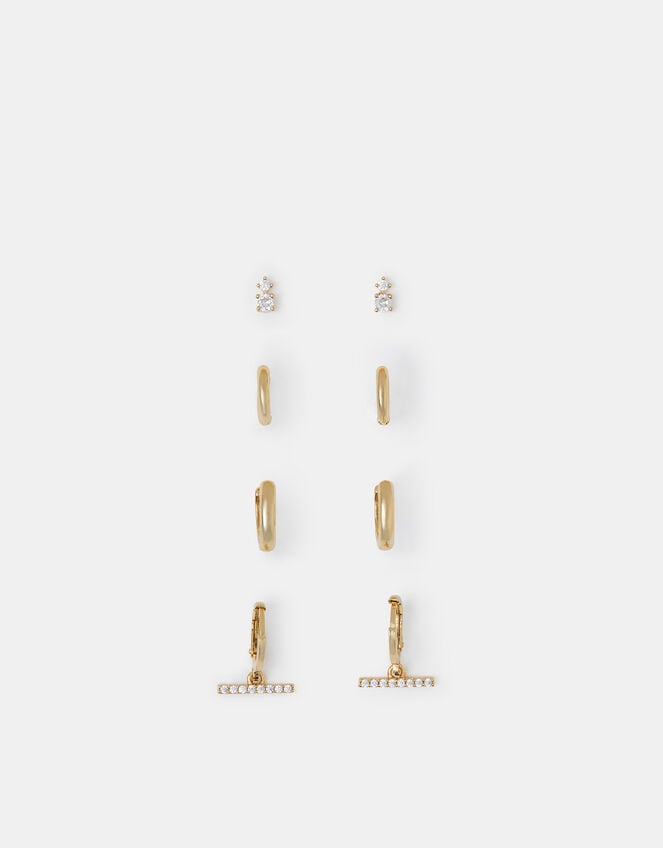 4-Pack 14ct Gold-Plated Stud & T-Bar Hoop Earrings, , large