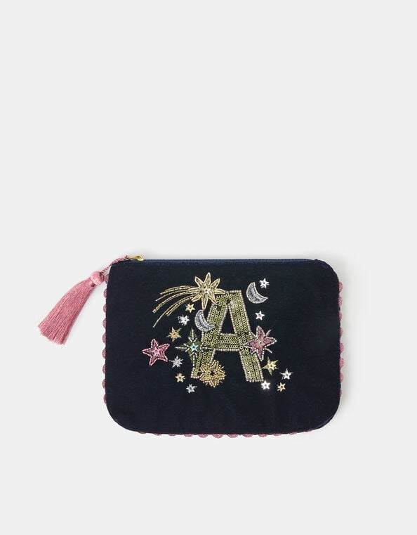Embellished Initial Velvet Pouch, Blue (NAVY), large