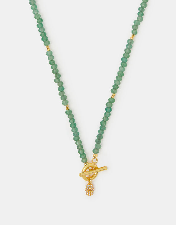 14ct Gold-Plated Healing Stone Bead T-Bar Necklace, Green (GREEN), large