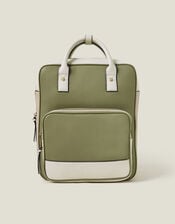 Two-Tone Top Handle Faux Leather Backpack, , large