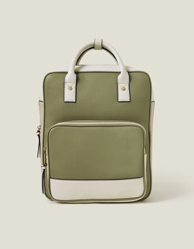 Two-Tone Top Handle Faux Leather Backpack, , large