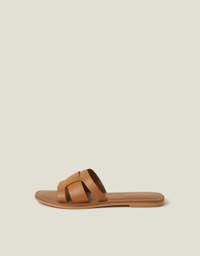Wide Fit Leather Geometric Slide Sandals, Tan (TAN), large