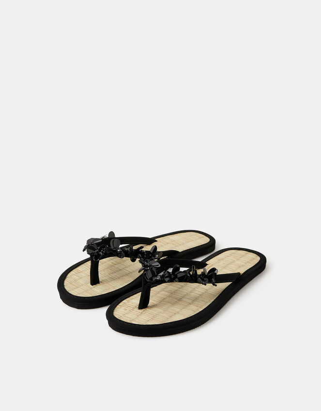 Sequin Embellished Seagrass Flip Flops, Black (BLACK), large
