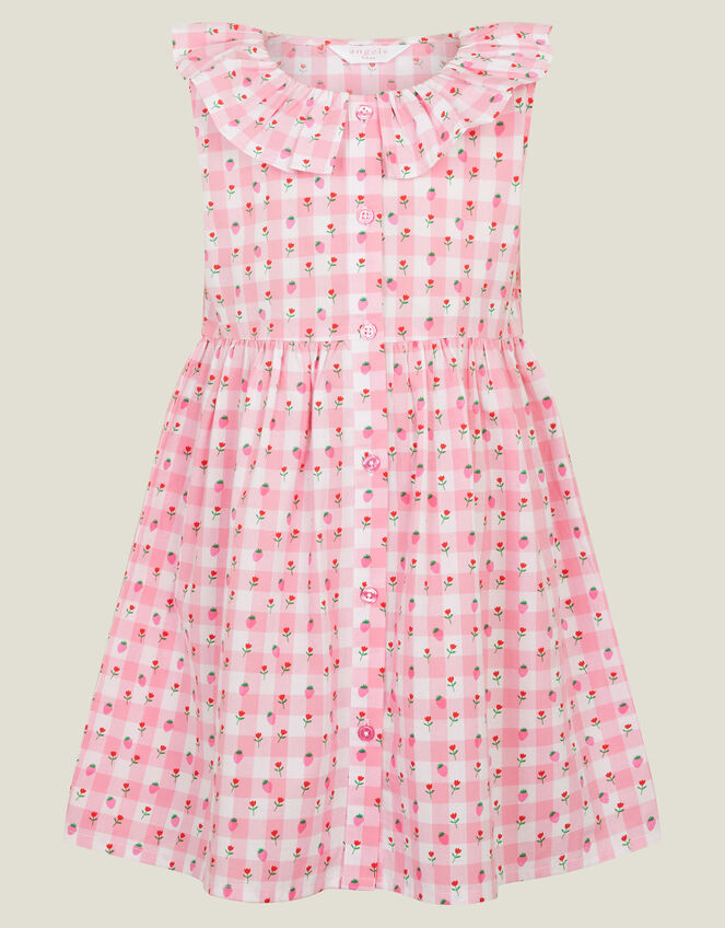 Girls Sleeveless Gingham Strawberry Dress, Pink (PINK), large