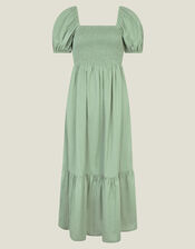 Puff Sleeve Smocked Midi Dress, Green (KHAKI), large