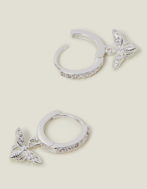 Sterling Silver-Plated Bee Drop Huggie Hoop Earrings, , large