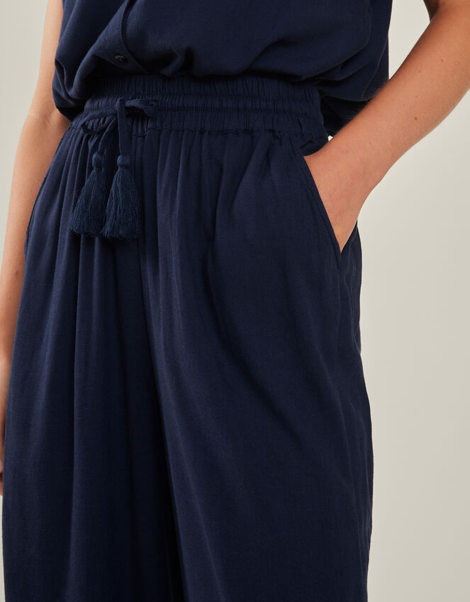 Embroidered Wide Leg Trousers, Blue (NAVY), large