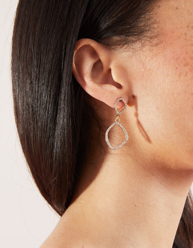 Pave Organic Oval Short Drop Earrings, Gold (GOLD), large