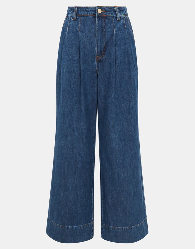Pleat Waist Wide Leg Jeans, Blue (BLUE), large