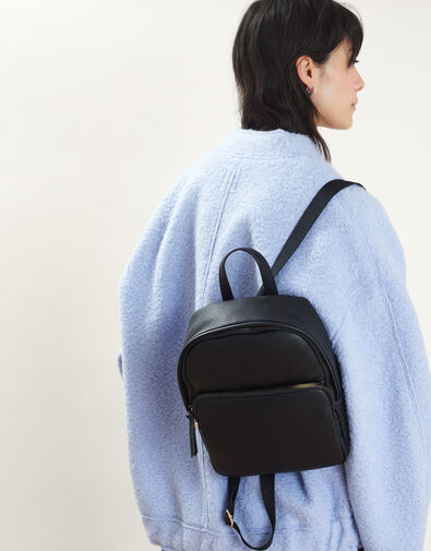Small Plain Faux Leather Backpack, Black (BLACK), large