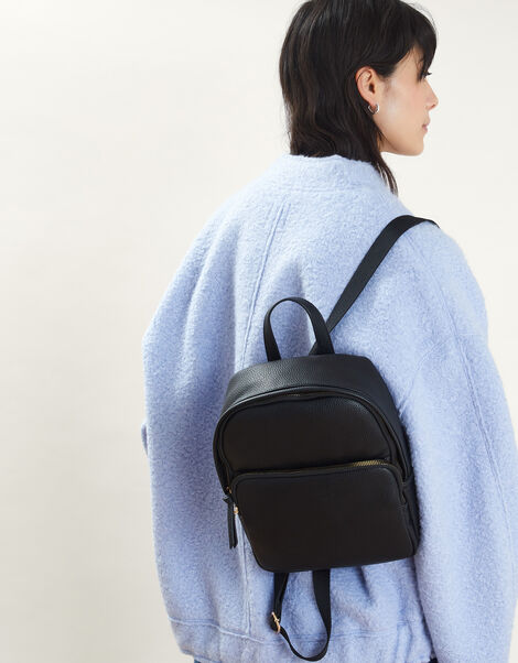 Small Plain Faux Leather Backpack, Black (BLACK), large