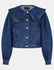 Frill Collar Denim Jacket, Blue (BLUE), large