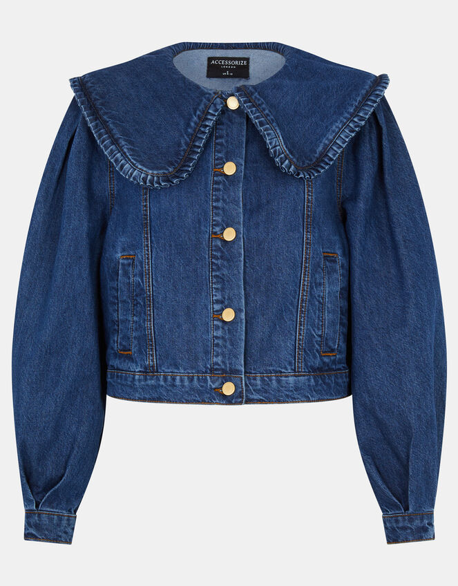 Frill Collar Denim Jacket, Blue (BLUE), large