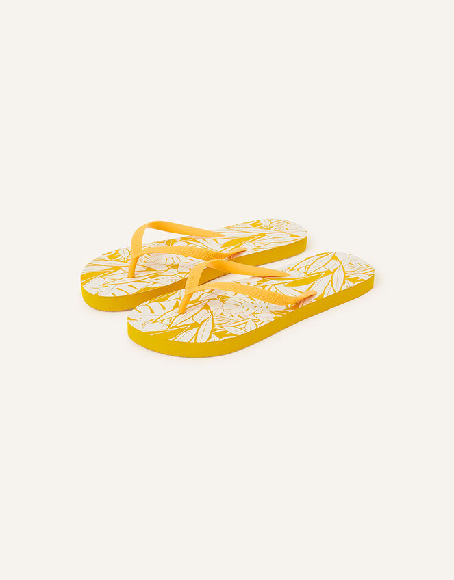 Tropical Leaf Print Flip Flops, Yellow (YELLOW), large