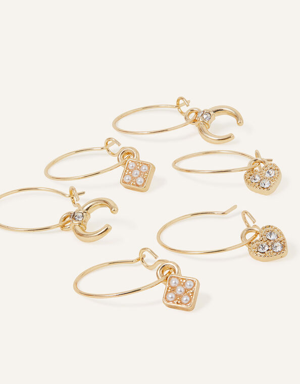 Gem Heart Hoop Earrings Set of Three, , large