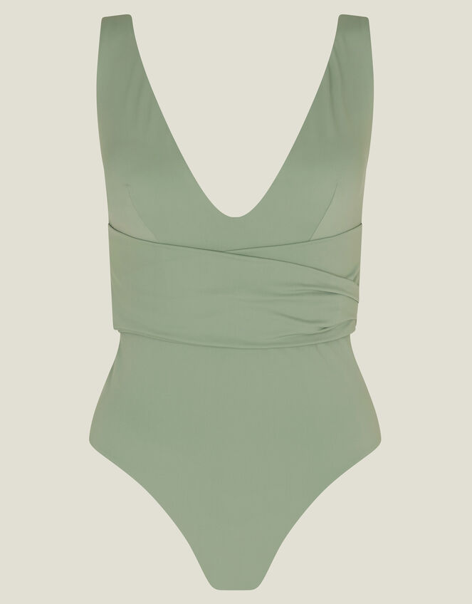 Plunge Wrap Shaping Swimsuit, Green (KHAKI), large