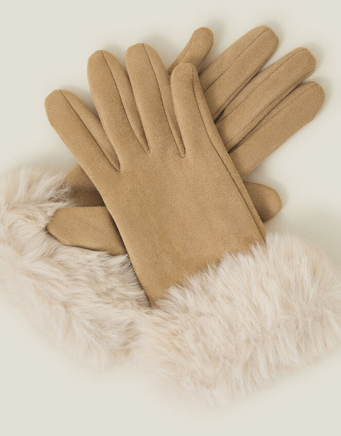 Suedette Faux Fur Cuff Gloves, Natural (NATURAL), large