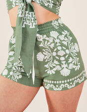 Ornamental Print Tie Waist Shorts, Green (KHAKI), large