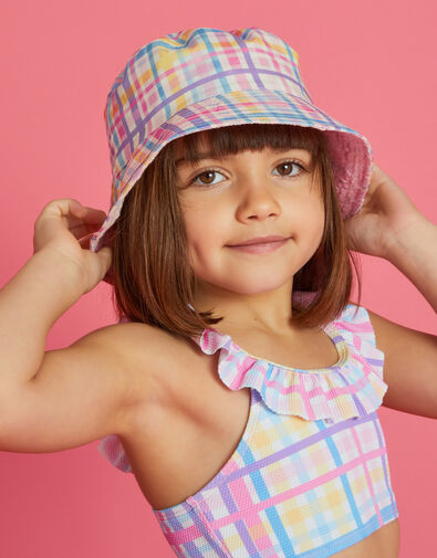 Girls Reversible Check Print Bucket Hat, Multi (BRIGHTS MULTI), large