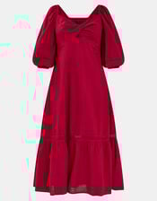 Twist Puff-Sleeve Midi Dress, Red (RED), large