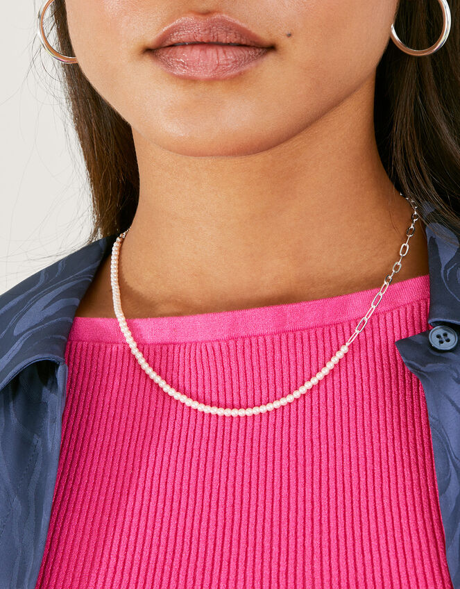 Sterling Silver Plated Pearl Chain Necklace , , large