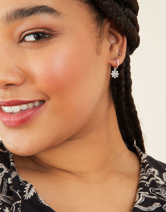 Sterling Silver Flower Charm Hoop Earrings , , large