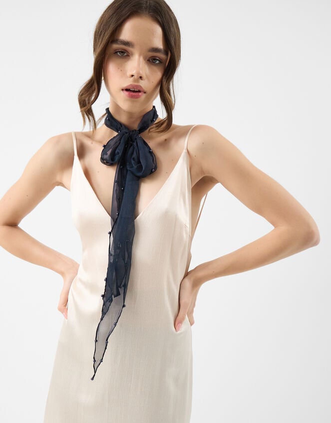 Pearl-Edged Sheer Scarf, Blue (NAVY), large