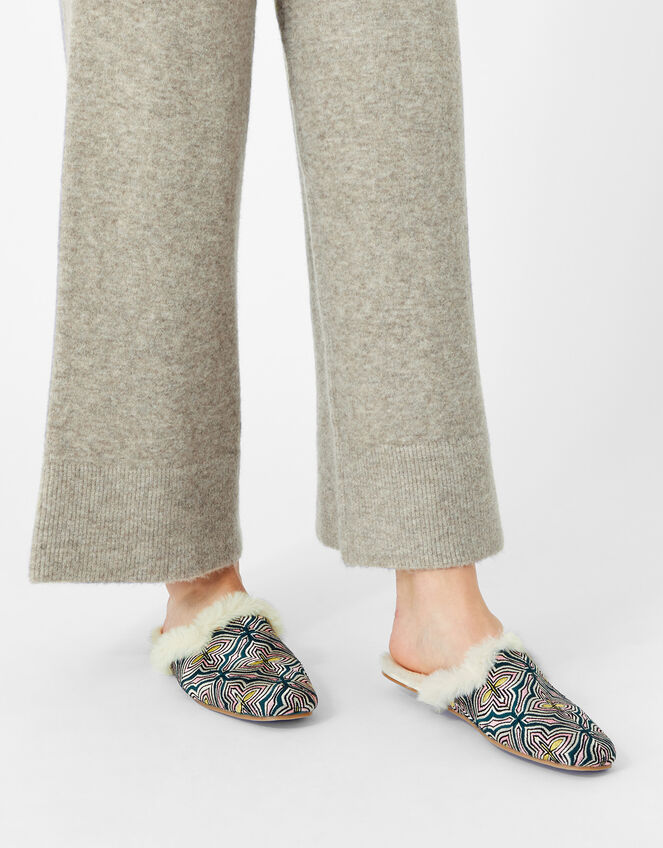 Embroidered Faux Fur Slippers, Multi (DARKS-MULTI), large