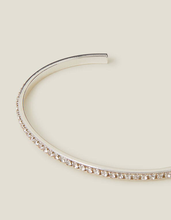Sterling Silver-Plated Diamante Bangle, , large